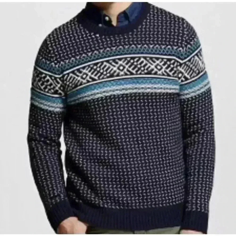 Merona Blue Nordic Size XL Navy Aqua and Cream Long Sleeve Sweater Men
